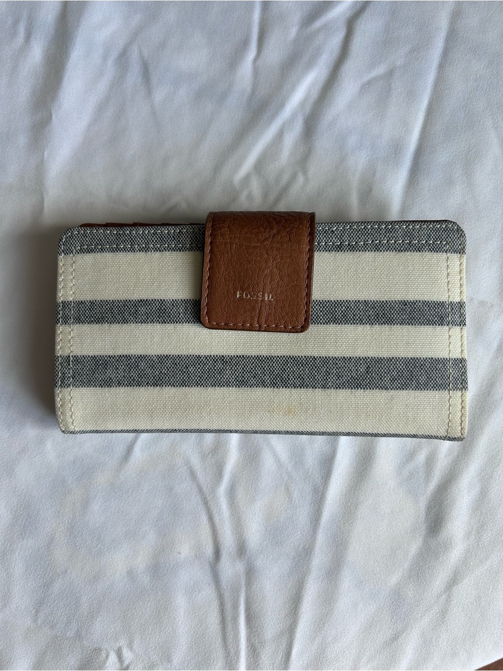 Fossil Striped Coated Canvas Wallet with Brown Leather Snap